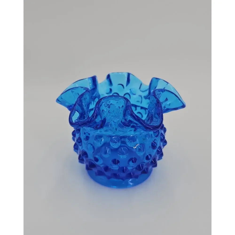 Vintage Fenton Colonial Blue Hobnail 3" Double Crimped Rim Glass Flower Vase - Picture 1 of 8